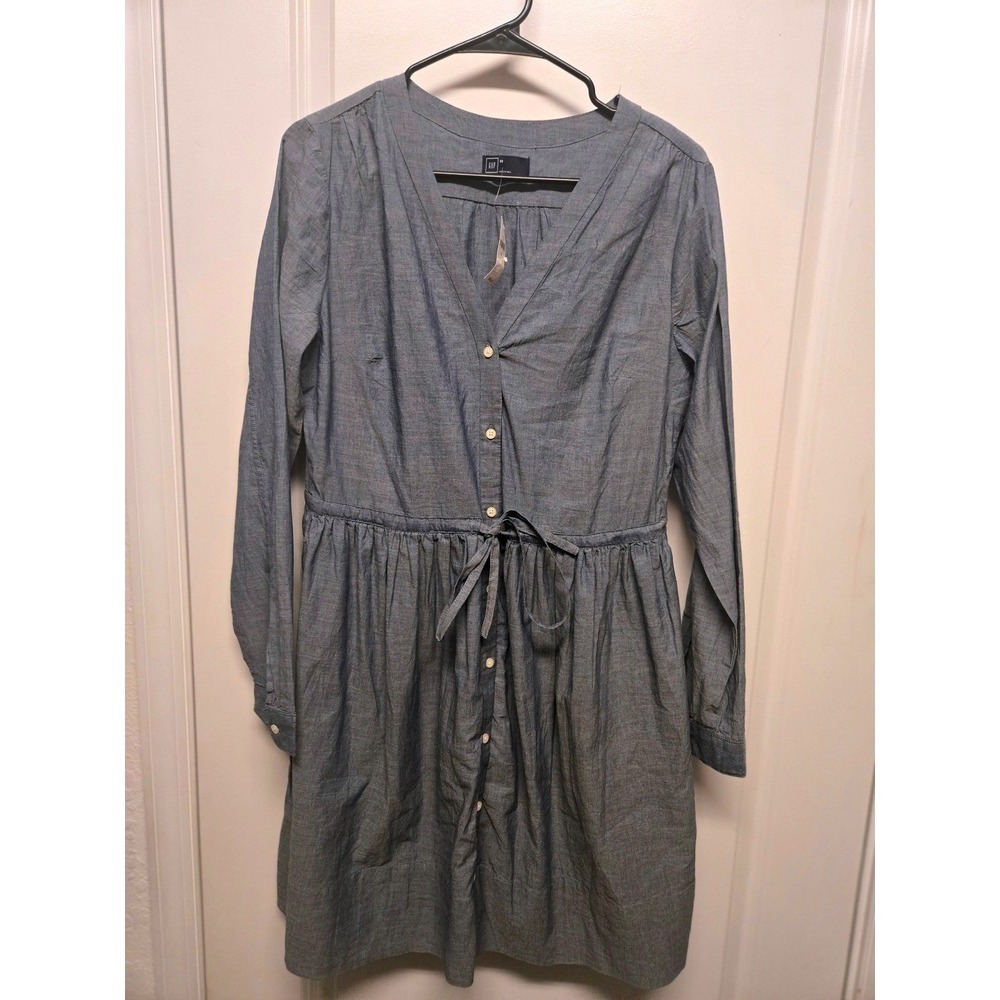 Gap Womens Blue Chambray Long Sleeve Button Front Drawstring Waist Dress Size 8